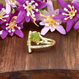 Elegant Handmade Raw <b>Peridot</b> Gemstone Ring 18k Gold Plated Over 925 Sterling Silver Tree Bark Fine RIng <b>Jewelry</b> For Women - Product Image 2