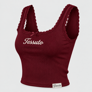 TESSUTO <b>Burgundy</b> <b>Womens</b> Ribbed Lace Trim Crop Tank <b>Top</b> Viscose Cotton Square Neck Bow Sleeveless Summer Fitted Cami <b>Top</b> - Product Image 1