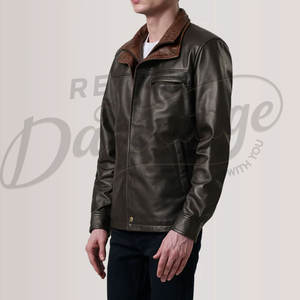 เสื้อแจ็คเก็ตหนังสีน้ำตาลเข้มสำหรับผู้ชาย พร้อมปกด้านในสีแทนตัดกัน หนังแกะแท้ ทรงเข้ารูป สวมใส่สบายในฤดูใบไม้ร่วงและฤดูหนาว สไตล์ลำลองแบบนักขี่มอเตอร์ไซค์ - Product Image 4