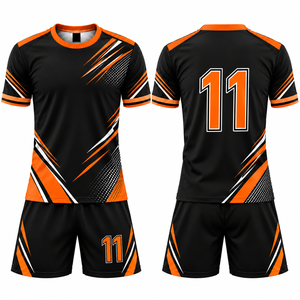 Uniforme de Fútbol Personalizable Negro y Naranja, Cuello Redondo, Manga Corta, Sublimado, Absorbente de Humedad, Unisex para Adultos - Product Image 1
