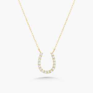 Collier pendentif fer à cheval porte-bonheur avec diamant de laboratoire taille ronde, en or massif 14k 18k, avec chaîne câble de 18 pouces 1,1 mm, fabrication artisanale - Product Image 1