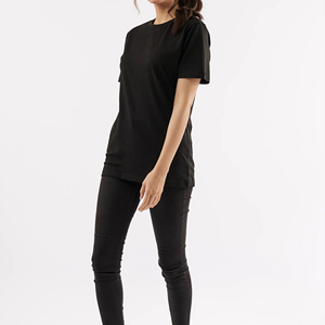 T-shirt noir à col rond pour femme, manches courtes, coupe classique, couleur unie, 100% coton molletonné, respirant, écologique, anti-UV - Product Image 2