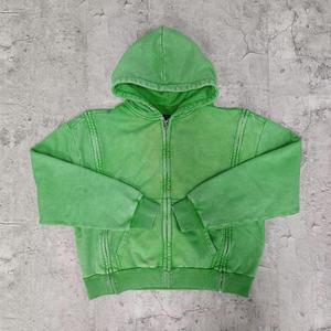 Sweat à capuche zippé Streetwear Designer personnalisé, en coton épais, coupe oversize, délavé à l'acide, effet vieilli, brodé de strass - Product Image 2