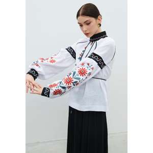 Blusa de lino blanca para mujer, bordada, con diseño floral étnico, bordado a mano, con lazo en el cuello. - Product Image 3