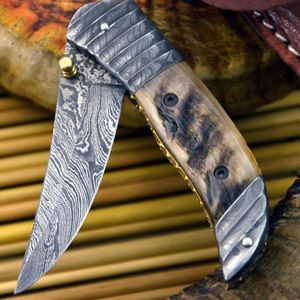Cuchillo de Caza de Acero de Damasco con Hoja de Punta Caída, Mango de Madera y Perilla Plegable, Herramienta de Supervivencia para Exteriores - Product Image 1