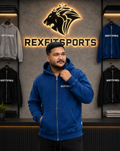 เสื้อฮู้ดคลับแบบซิปเต็มตัวสีน้ำเงินสั่งทำพิเศษ REXFITSPORTS 2026 ผ้าฝ้ายผสมโพลีเอสเตอร์ฟลีซ 280–300 GSM สไตล์สตรีทแวร์แบบดิสเทรส - Product Image 6