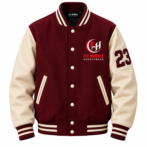 Veste universitaire pour homme Fly Humble en cuir PU marron crème avec logo brodé, décontractée, col rabattu, coupe classique, automne 2026 - Product Image 1