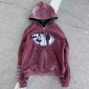 Unisex <b>Burgundy</b> Zip-Up Hoodie French Terry Oversized Casual Autumn Wear Heat-Transfer Print Front Logo Regular Fit - Product Image 5