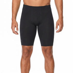 Shorts pour hommes en nylon et élasthanne tricoté noir uni, taille mi-haute, respirants, séchage rapide, style décontracté, avec cordon de serrage élastique à la taille - Product Image 1