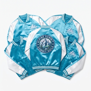 Wholesale Satin Bomber Jacket Maker Aqua White Mountain Peak Embroidered Varsity <b>Coat</b> Zip Up Streetwear Brand Supplier - Product Image 1