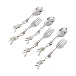 Best Quality Luxury Silver Stainless Steel And Brass Floral Branch Carved Spoon & <b>Fork</b> 12 Pcs Set - Product Image 1