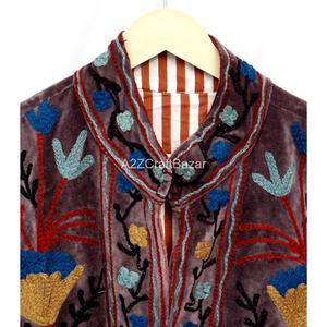 เสื้อแจ็คเก็ตผู้หญิงผ้ากำมะหยี่สีดำถักทอจากผ้าฝ้าย  ปักลายดอกไม้สีน้ำเงิน  คอจีน แขนยาว ระบายอากาศได้ดี - Product Image 4