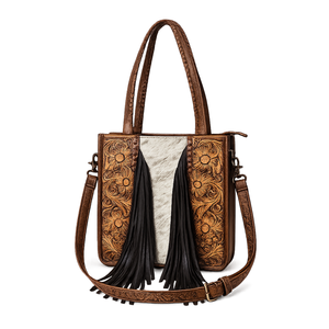Bolso Tote de Cuero Vacuno Estilo Western, Bolso de Mano con Flecos Florales Hechos a Mano, Bolso de Hombro Boho, Bolso Bandolera, Regalo Hecho a Mano para Mujer - Product Image 1