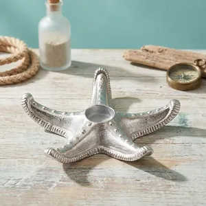 Porte-bougie en aluminium argenté en forme d'étoile de mer, support décoratif en métal inspiré de l'océan, ornement de table côtier pour maison de plage - Product Image 5