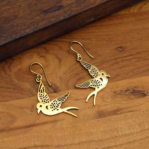 ต่างหูทองเหลืองรูปนก นกกระจอกทอง ต่างหูห้อยสไตล์โบฮีเมียน ลวดลายฟิลิกรี ธรรมชาติ ทำด้วยมือ - Product Image 3