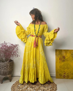 Vibrant Yellow Tie Dye Organic Cotton Eco-Friendly V-neck Shoulder Maxi Dress Dramatic Tiered <b>Bell</b> Sleeve Bohemian Gown Ruffle - Product Image 2