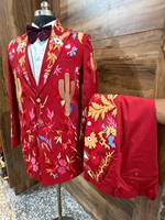 Ensemble de costume brodé rouge de style western pour homme |   Blazer brodé de fleurs et de cactus avec pantalon assorti
