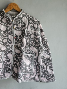 Quilted <b>Jacket</b> Women's <b>Mandarin</b> <b>Collar</b> Paisley Print Three Quarter Sleeve Cotton Autumn Style XL gift for her - Product Image 5
