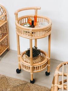 Handmade Bohemian <b>Rattan</b> <b>Bar</b> Cart Serving Trolley With Stylish Storage Compartments For Modern Interiors - Product Image 4