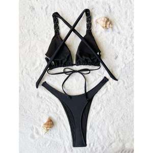 En gros Bikini string noir sexy à lanières, coupe haute et dos nu - Product Image 5