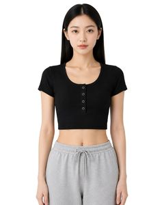 Camiseta Henley Corta de Algodón Elástico para Mujer, Negra, Personalizada, de Manga Corta, con Cuello de Botones, Ajustada, Informal, de Verano, a la Moda - Product Image 1