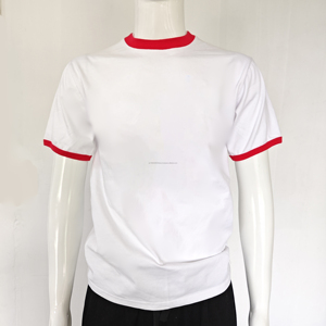 เสื้อยืดคอตตอนหนาสีขาวสำหรับผู้ชาย แขนสั้น คอเสื้อตัดสี  รับผลิตแบบ OEM พร้อมสกรีนตัวอักษรและลายพิมพ์ตามสั่ง - Product Image 2