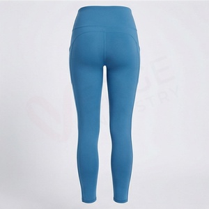Leggings de Yoga de Cintura Alta y Longitud Completa con Bolsillos, Color Azul Sólido, Spandex y Nailon, Diseño Sin Costuras con Elasticidad en Cuatro Direcciones - Product Image 2