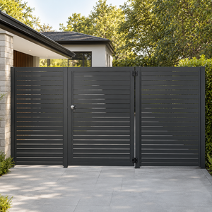 Portail métallique moderne noir à lattes horizontales avec porte piétonne pour entrée de villa, jardin, maison – Design de clôture d'intimité - Product Image 4
