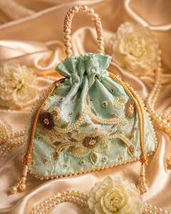 Handmade Mint <b>Green</b> Silk Potli <b>Purse</b> with Pearl Needle Work and Gold Embroidery Floral Design Wedding By AALIYAN IMPE - Product Image 4