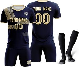 Uniforme de Fútbol Personalizable para Hombre, Color Azul Marino y Dorado, Impresión por Transferencia de Calor, Cuello en V, Manga Corta, Resistente al Viento, Secado Rápido, Poliéster - Product Image 1