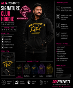 REXFITSPORTS 2026 Custom <b>Black</b> Full <b>Zip</b> Club <b>Hoodie</b> 280–300 GSM Cotton Polyester Fleece Printed Streetwear <b>Hoodie</b> for Men Women - Product Image 1