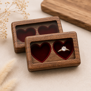 Custom Walnut Wood Double Heart <b>Ring</b> <b>Box</b> with Clear Window and White Velvet Lining for Wedding Jewelry Packaging - Product Image 4