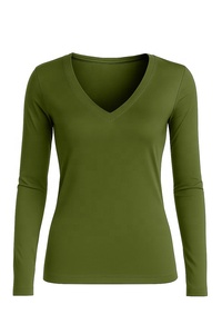 Camisetas de Mujer 100% Algodón, Verano, Cuadros, Cuello en V, Manga Larga, Casual, Holgadas, Tejidas, con Logotipo Frontal - Product Image 4