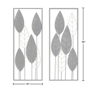 Modern Metal <b>Wall</b> <b>Art</b> Set of 2 Rectangular Floral <b>Leaves</b> Decorative Hanging Sculpture 14x36 Inch - Product Image 6
