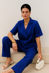 ชุดเซ็ตสองชิ้นสีน้ำเงินสไตล์ลำลองกึ่งทางการ ผ้าโพลีเอสเตอร์ รีไซเคิล สำหรับผู้หญิง เสื้อและกางเกงขายาวทรงกว้าง ไซส์ M-L-XL-XXL - Product Image 2