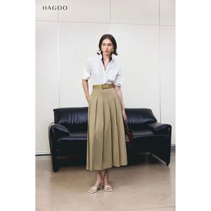 Jupe midi plissée longue kaki taille haute CV779 en coton tissé uni décontractée toutes saisons - Product Image 1