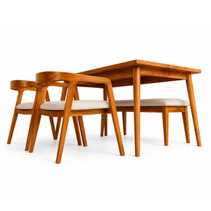 Ensemble de salle à manger moderne scandinave en teck massif de qualité supérieure, 3 pièces, table, 2 chaises, 1 banc, meubles de salle à manger pour la maison - Product Image 1