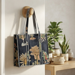 Wholesale PARVAAZ EXPORTS Fashion Artisan Embroidered Quilted Cotton Tote <b>Bag</b> with Letter Pattern & Stripe Trim From Rajasthan - Product Image 2