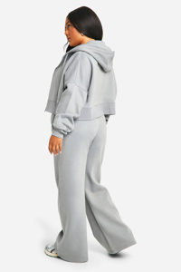 Women's Autumn Grey Fleece Anti-Bacterial Hoodies & Crop Top with Wide Leg <b>Pants</b> Tracksuit Set Stylish Athleisure Loungewear - Product Image 2