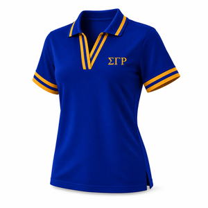 เสื้อโปโล Sigma Gamma Rho Sorority สำหรับผู้หญิง สีน้ำเงินลายทอง คอวี ผ้าปิเก้ถัก แขนสั้น ปักลายตราสัญลักษณ์ คอปก - Product Image 4