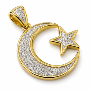 Colgantes Religiosos Personalizados de Plata 925 Chapados en Oro con Diamantes Naturales, Estilo Hip Hop Islámico Musulmán con Luna y Estrella de Alá - Product Image 1