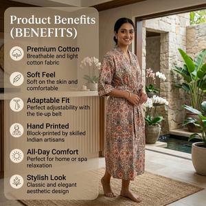 Kimono de Algodón Floral Color Verde Azulado Premium |   Bata de dormir de manga larga con cuello en V para mujer |   Túnica Boutique con Cordón Ajustable, Hecha a Mano - Product Image 5