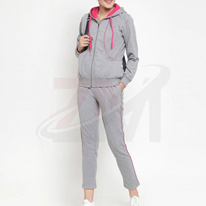 Women Gray Hooded <b>Tracksuit</b> With Pink Trim Full Zip Casual Sweatshirt And Pants Set Breathable Cotton Autumn Wear - Product Image 4