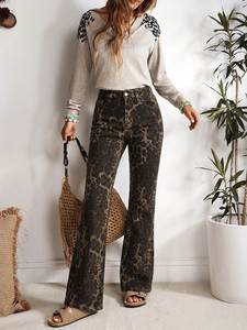 <span class=keywords><strong>Pantaloni</strong></span> a Zampa Larghi Casual <span class=keywords><strong>con</strong></span> Stampa Leopardata Elasticizzati Lavati Stile Europeo per Donna XL Commercio Transfrontaliero Traspiranti <span class=keywords><strong>con</strong></span> Bottoni - Product Image 4