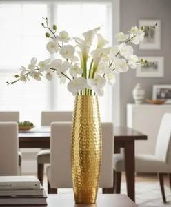 Fusion Style High-Gloss Hammered Finish Metal Accent <b>Vase</b> – Carved <b>Gold</b>-Tone Collar Tabletop Vessel for Luxury Home Staging - Product Image 2