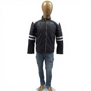 Unisex Black White Stripe Cowhide Leather Waterproof Windproof Eco-Friendly Winter Western Style Biker <b>Racing</b> <b>Jacket</b> - Product Image 1