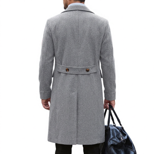 Manteau long en laine pour homme, double boutonnage, col rabattu, gris uni, épais, style manches classiques - Product Image 5