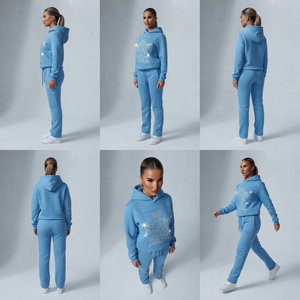 Conjunto Deportivo para Mujer con Diseño Frontal Estampado con Pedrería, Sudadera con Capucha Personalizada de Felpa de Alta Calidad de 450 GSM, Pantalones Deportivos con Cordón en la Cintura - Product Image 5