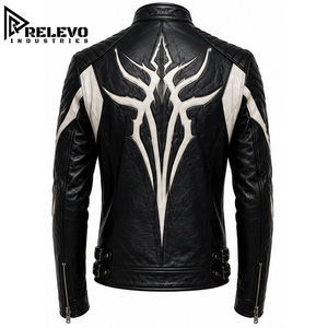 Custom High Quality <b>Men</b> Black & <b>White</b> Leather Biker <b>Jacket</b>, Gothic Flame Patterned Coat with Dual Waist Buckles and Stand Collar - Product Image 2