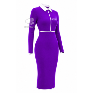 Vestido Midi Ajustado Morado para Mujer NCNW con Cuello Polo Blanco en Contraste, Manga Larga y Cierre de Cremallera, Estilo Casual - Product Image 2